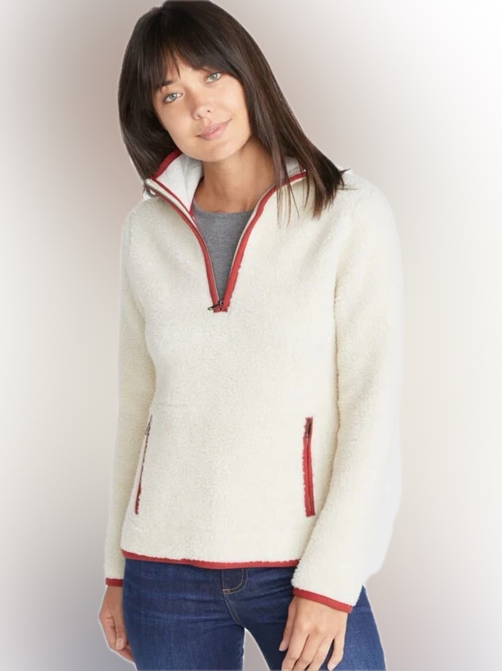 Marine Layer Corbet Cream Sherpa Teddy 1/4 Zip Sweater Jacket Red Orange Trim S